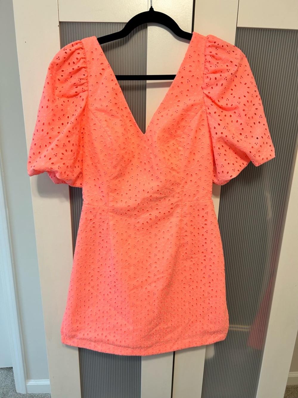 Lilly Pulitzer Neon Coral Eyelet Puff-Sleeve Mini Dress